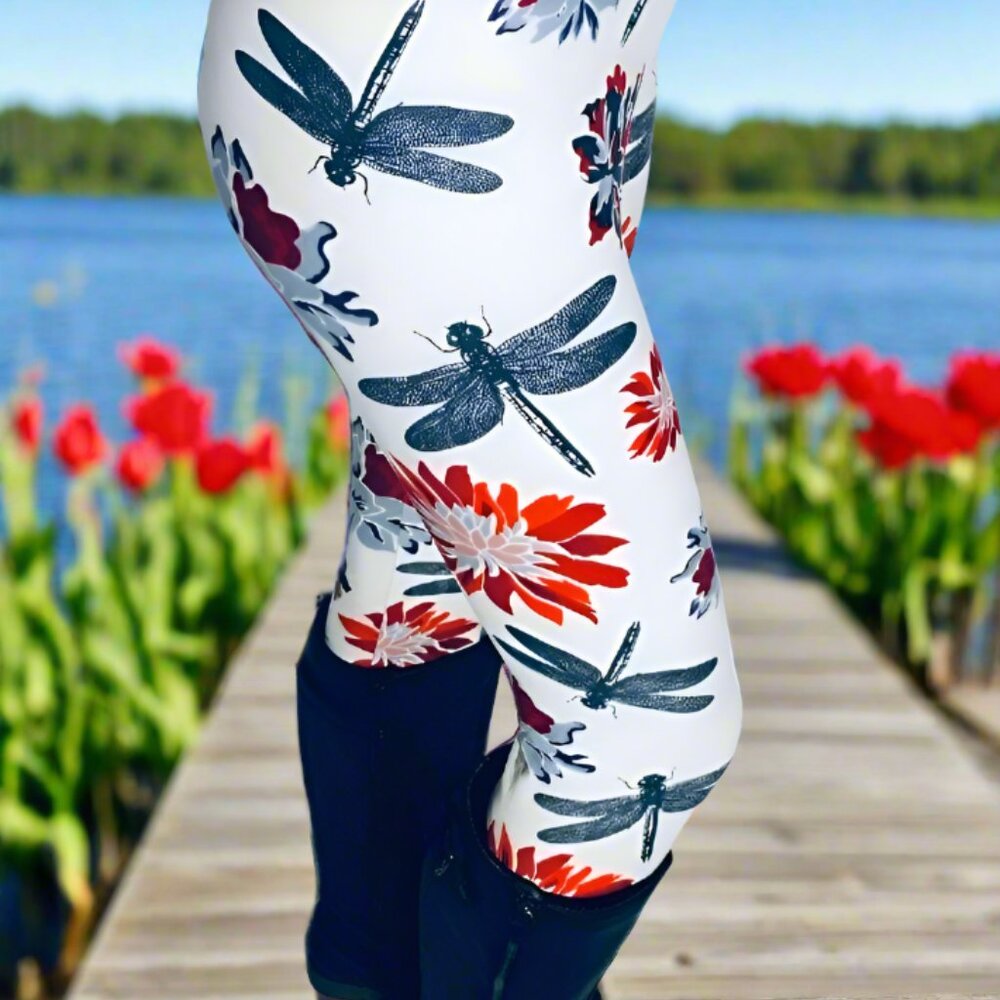 OS/Plus New Womens Dragonfly Red Floral Leggings, Yoga Waist Pants - Picture 4 of 9